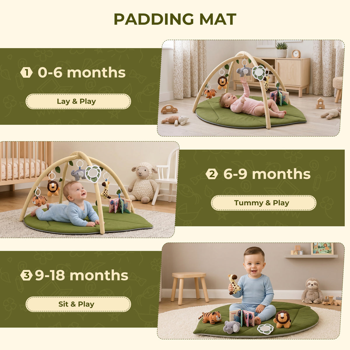 Baby Gym Mat , HDJ Baby Play Gym & Activity Mat, Washable Oversize Leaf Shaped Baby Play Mat with 6 Detachable Toys for Boys and Girls, Infant Toddler Ages 0+ Months , Green