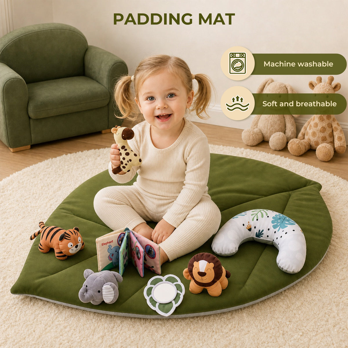 Baby Gym Mat , HDJ Baby Play Gym & Activity Mat, Washable Oversize Leaf Shaped Baby Play Mat with 6 Detachable Toys for Boys and Girls, Infant Toddler Ages 0+ Months , Green