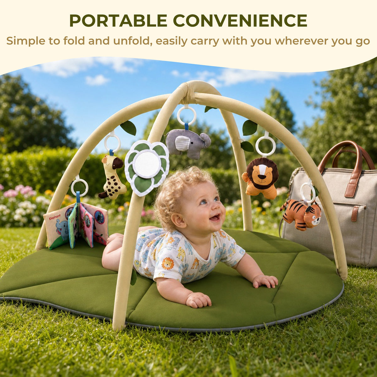 Baby Gym Mat , HDJ Baby Play Gym & Activity Mat, Washable Oversize Leaf Shaped Baby Play Mat with 6 Detachable Toys for Boys and Girls, Infant Toddler Ages 0+ Months , Green