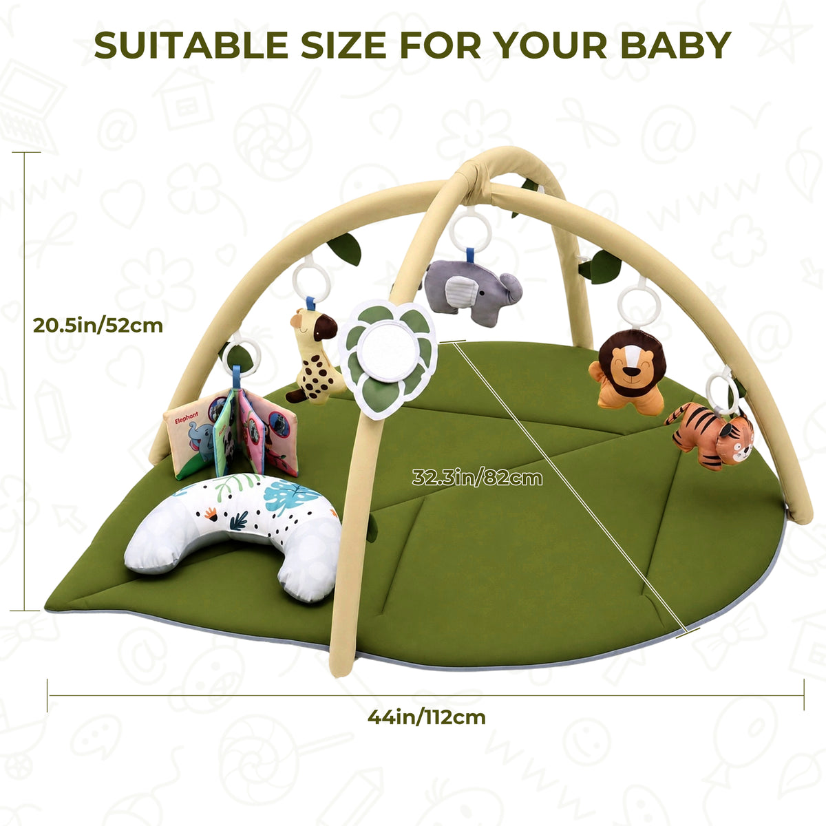 Baby Gym Mat , HDJ Baby Play Gym & Activity Mat, Washable Oversize Leaf Shaped Baby Play Mat with 6 Detachable Toys for Boys and Girls, Infant Toddler Ages 0+ Months , Green