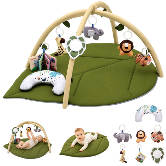 Baby Gym Mat , HDJ Baby Play Gym & Activity Mat, Washable Oversize Leaf Shaped Baby Play Mat with 6 Detachable Toys for Boys and Girls, Infant Toddler Ages 0+ Months , Green