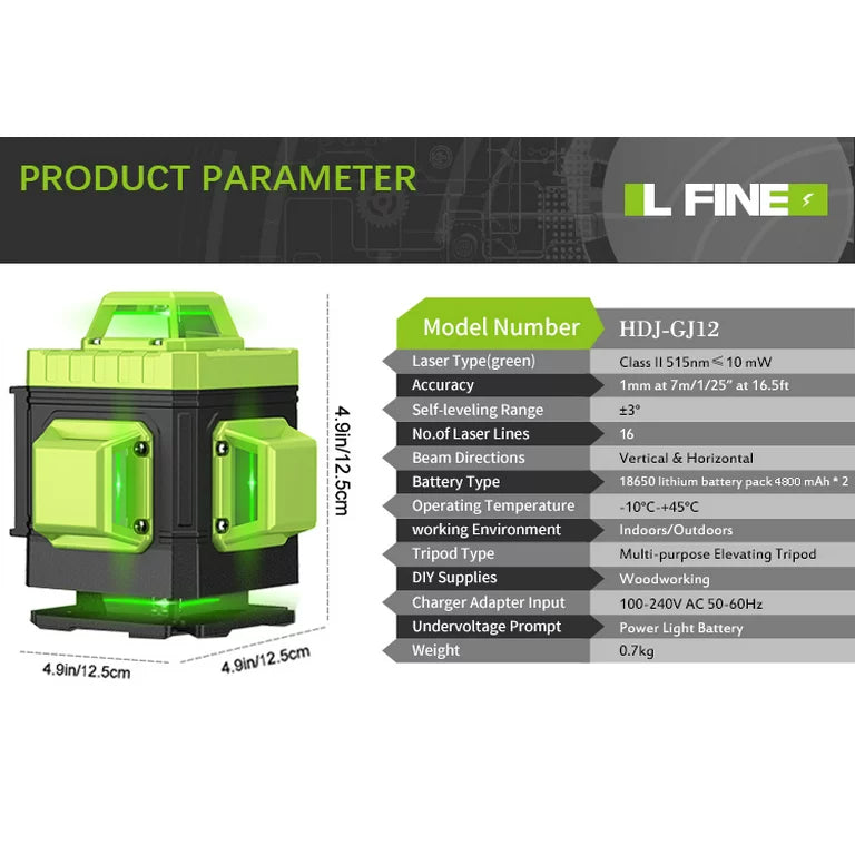 Laser Level Self Leveling,HDJ 16 Lines 4x360° Laser Level Tool,4D Green Cross Horizontal Vertical Laser Tool With Remote Control and 2PCS 2400mAh Battery