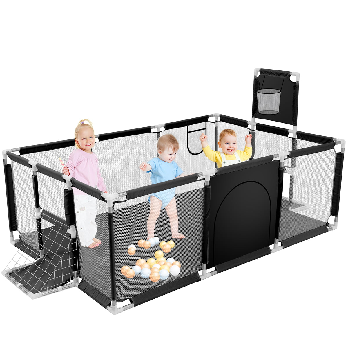 Baby Playpen,71 Inch Extra Large Baby Playard With Basketball Hoop and Breathable Mesh, Baby Play Fence for Indoors Outdoors