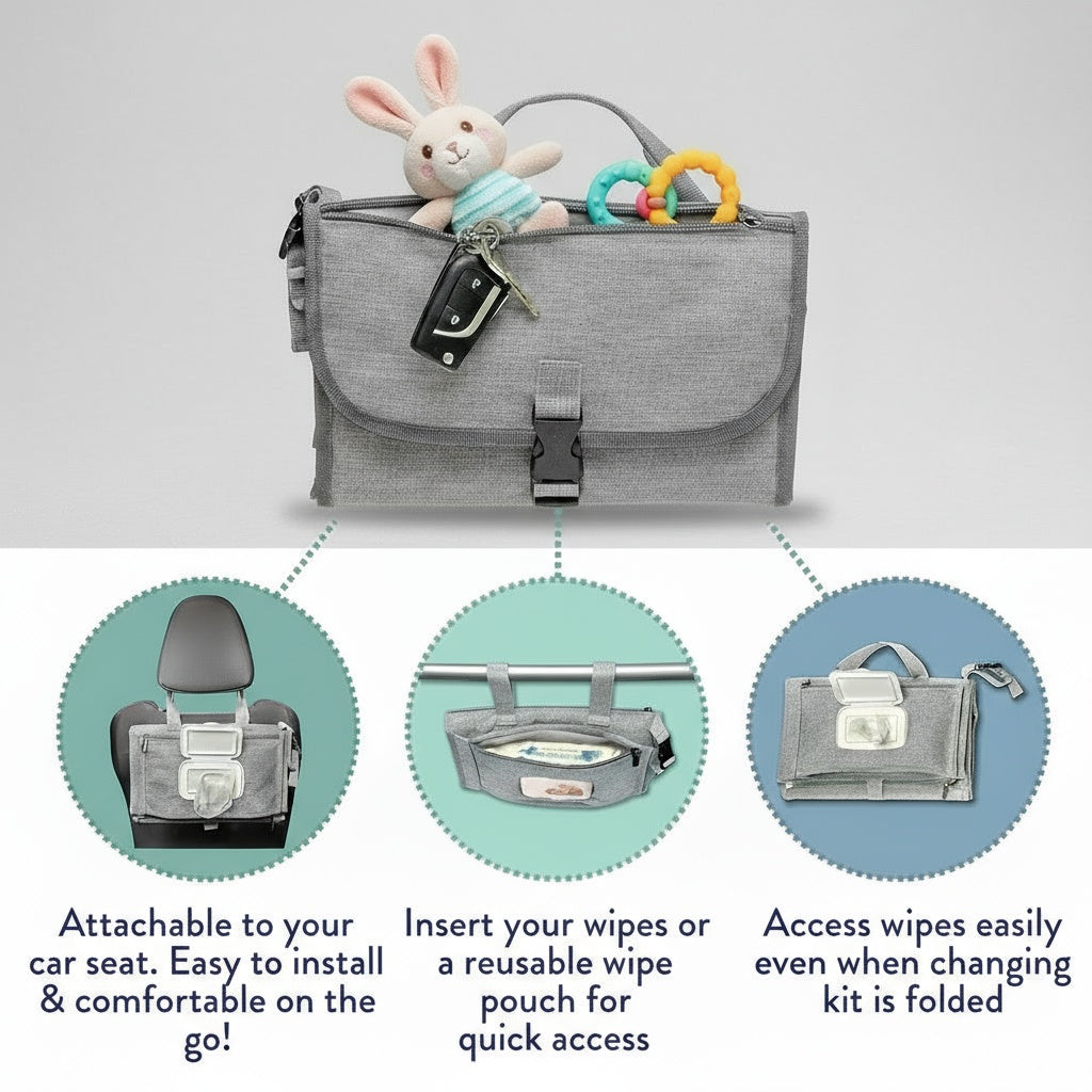 HDJ Portable Diaper Changing Pad, Waterproof Travel Baby Changing Kit with Wipes Pocket,Foldable,Gray