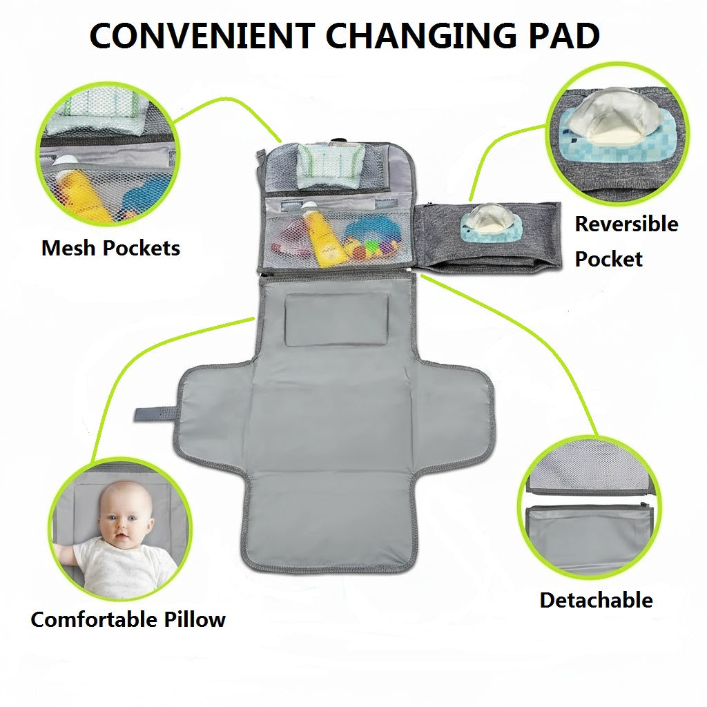 HDJ Portable Diaper Changing Pad, Waterproof Travel Baby Changing Kit with Wipes Pocket,Foldable,Gray