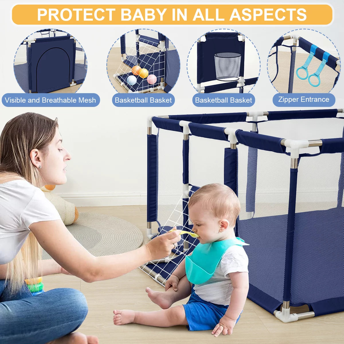 Baby Playpen,71 Inch Extra Large Baby Playard With Basketball Hoop and Breathable Mesh, Baby Play Fence for Indoors Outdoors