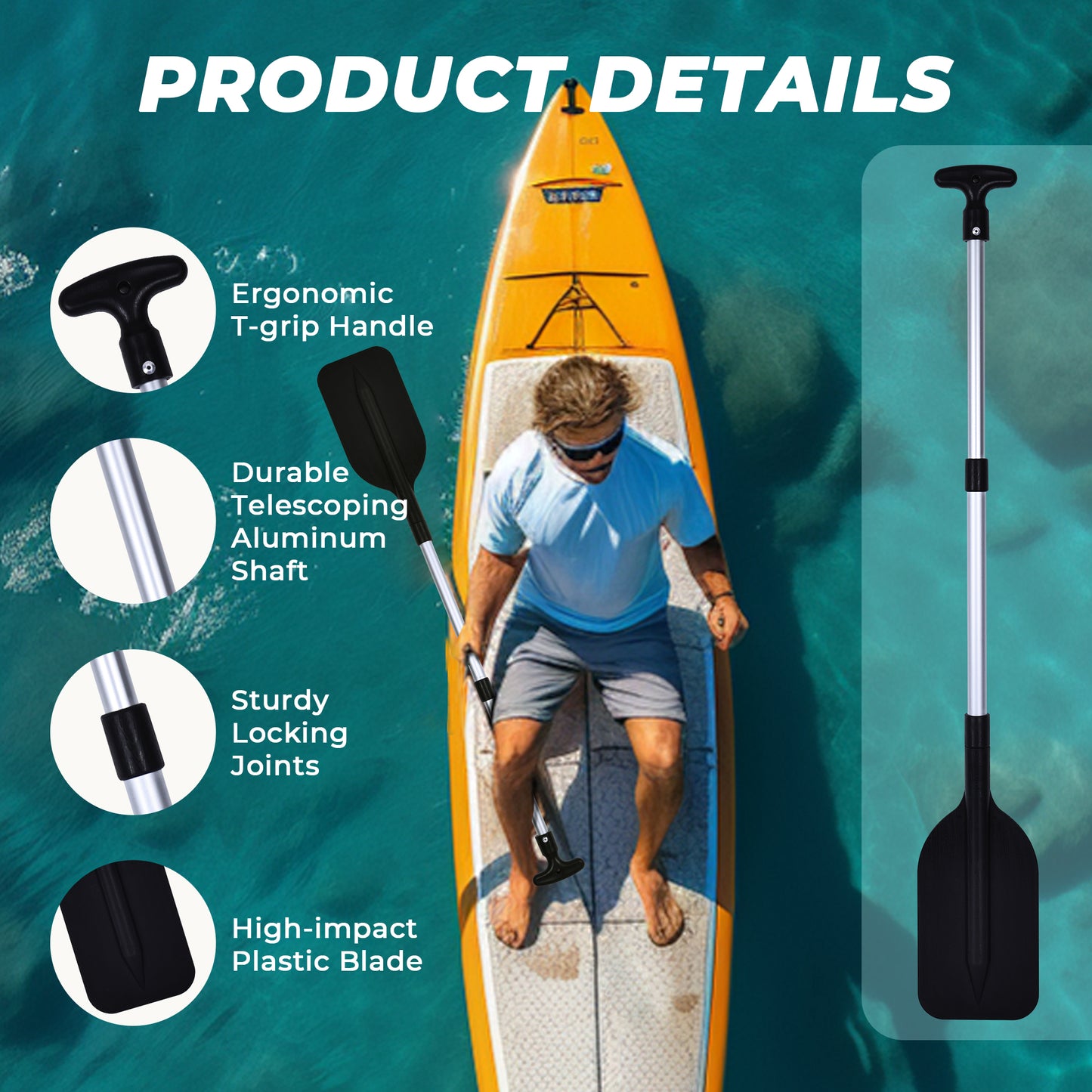 Kayak Paddle, HDJ 2Pcs Boat Paddles Telescoping Emergency Oar for Boat, 42'' Adjustable Anti Slip Aluminum Plastic Canoe Paddles, Black