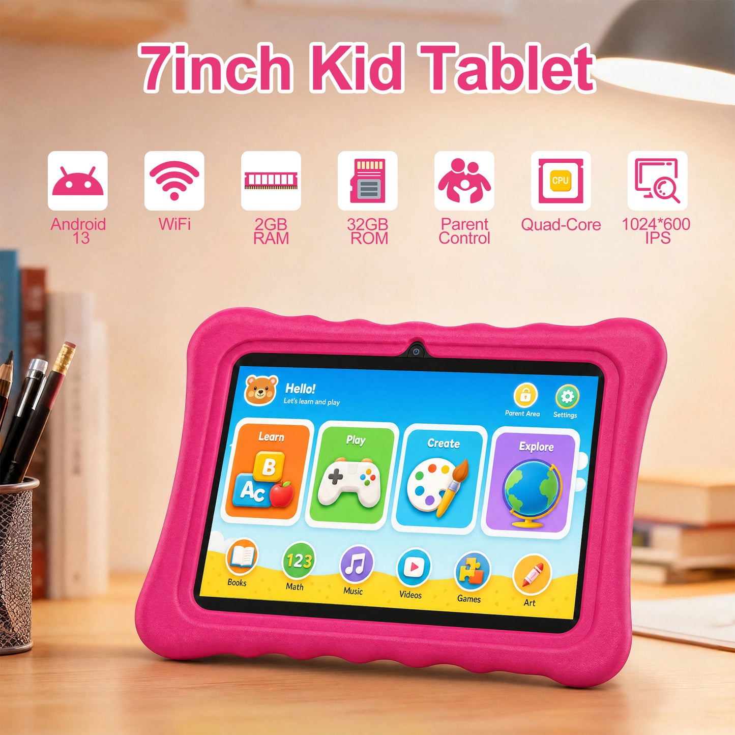HDJ 7" Kids Tablet,Children Tablet with Parent Control 32GB Android 13, Bluetooth, Wi-Fi, Blue/Pink