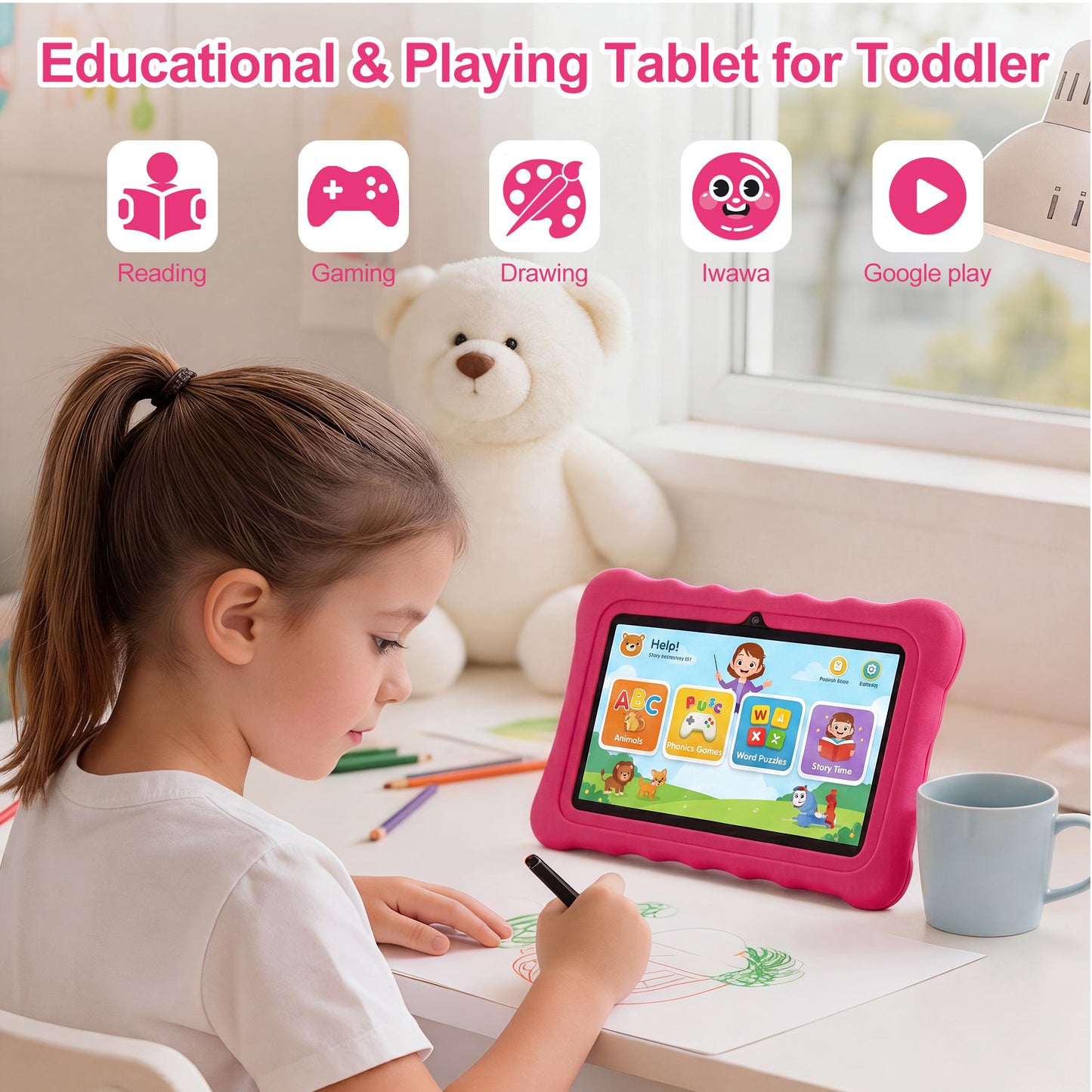 HDJ 7" Kids Tablet,Children Tablet with Parent Control 32GB Android 13, Bluetooth, Wi-Fi, Blue/Pink