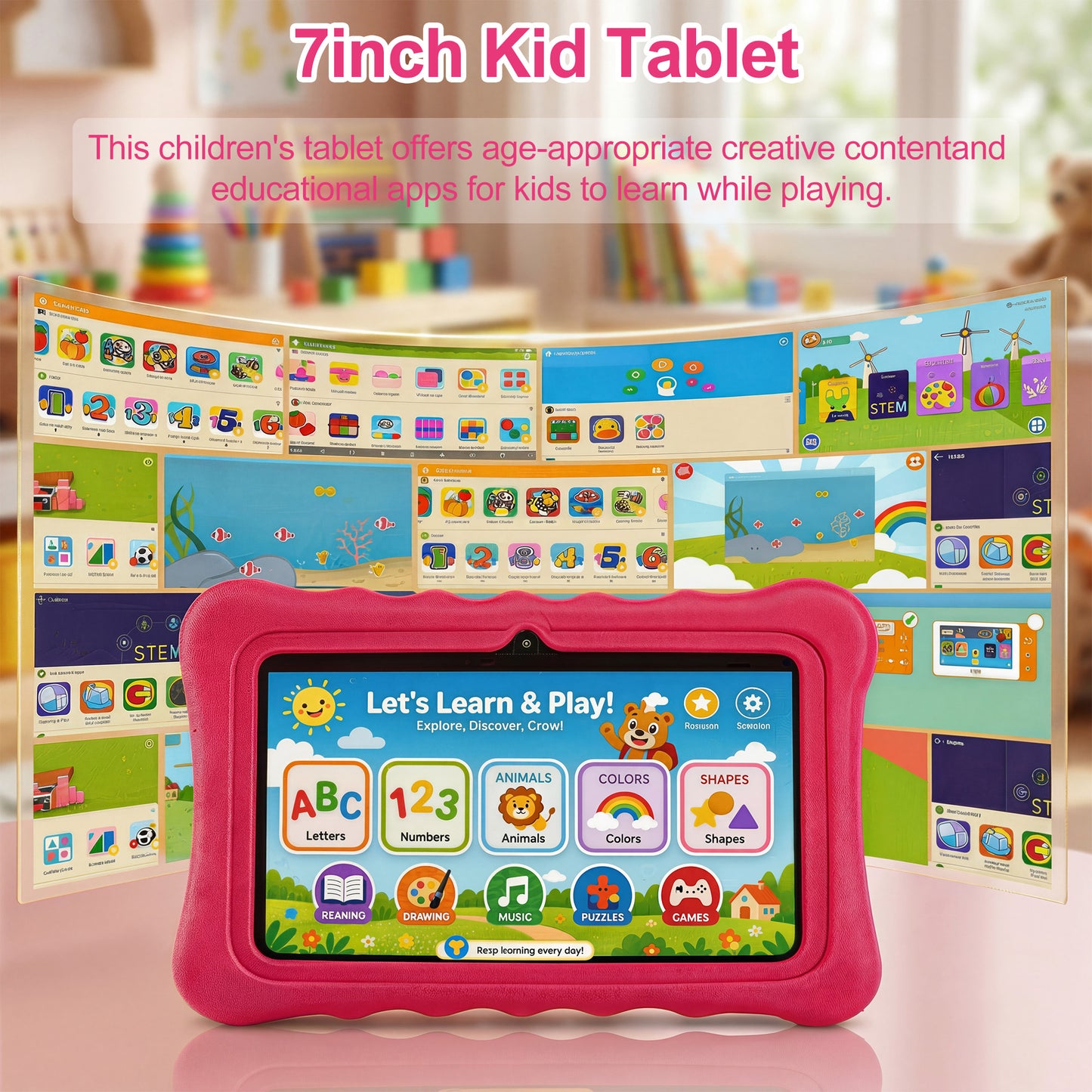 HDJ 7" Kids Tablet,Children Tablet with Parent Control 32GB Android 13, Bluetooth, Wi-Fi, Blue/Pink