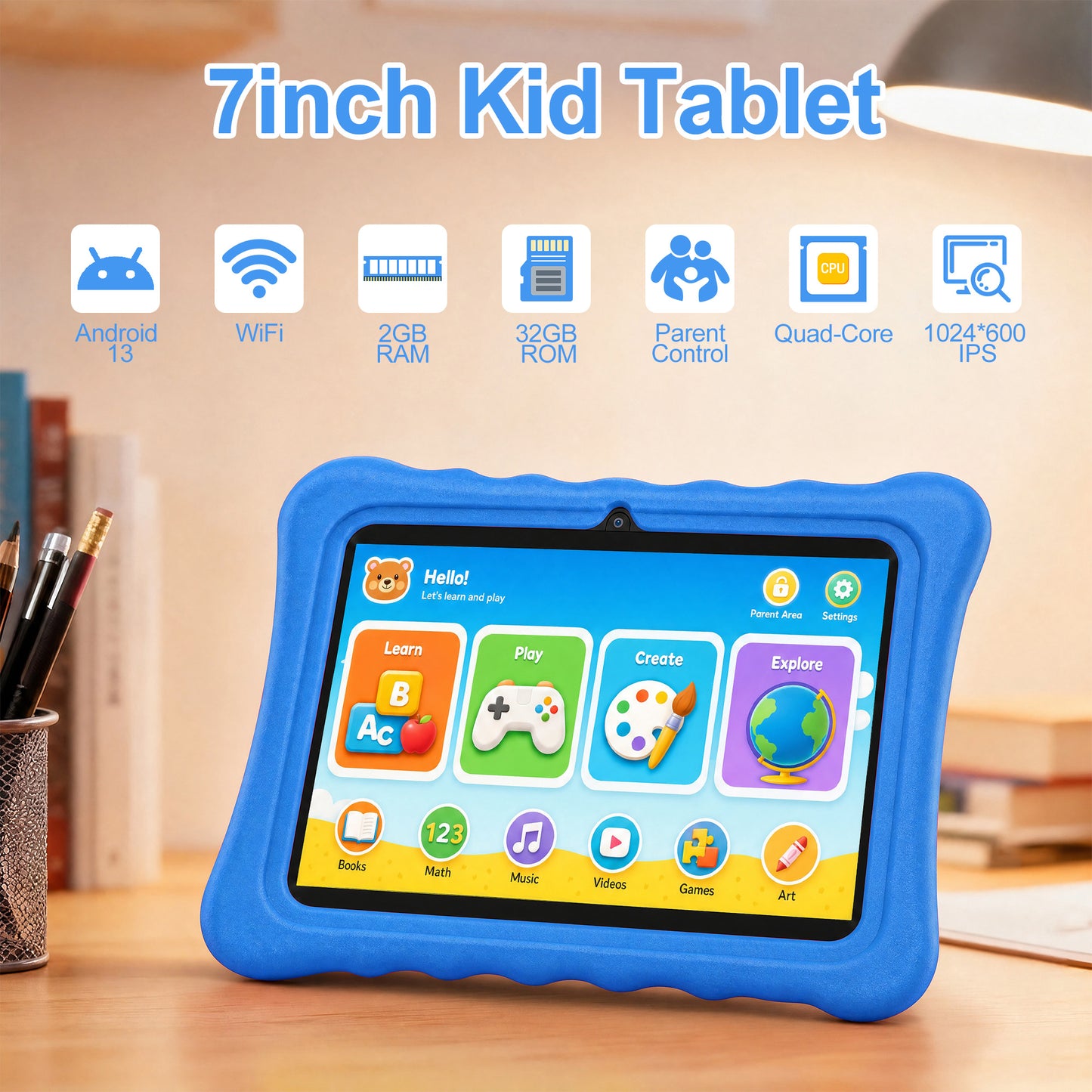 HDJ 7" Kids Tablet,Children Tablet with Parent Control 32GB Android 13, Bluetooth, Wi-Fi, Blue/Pink