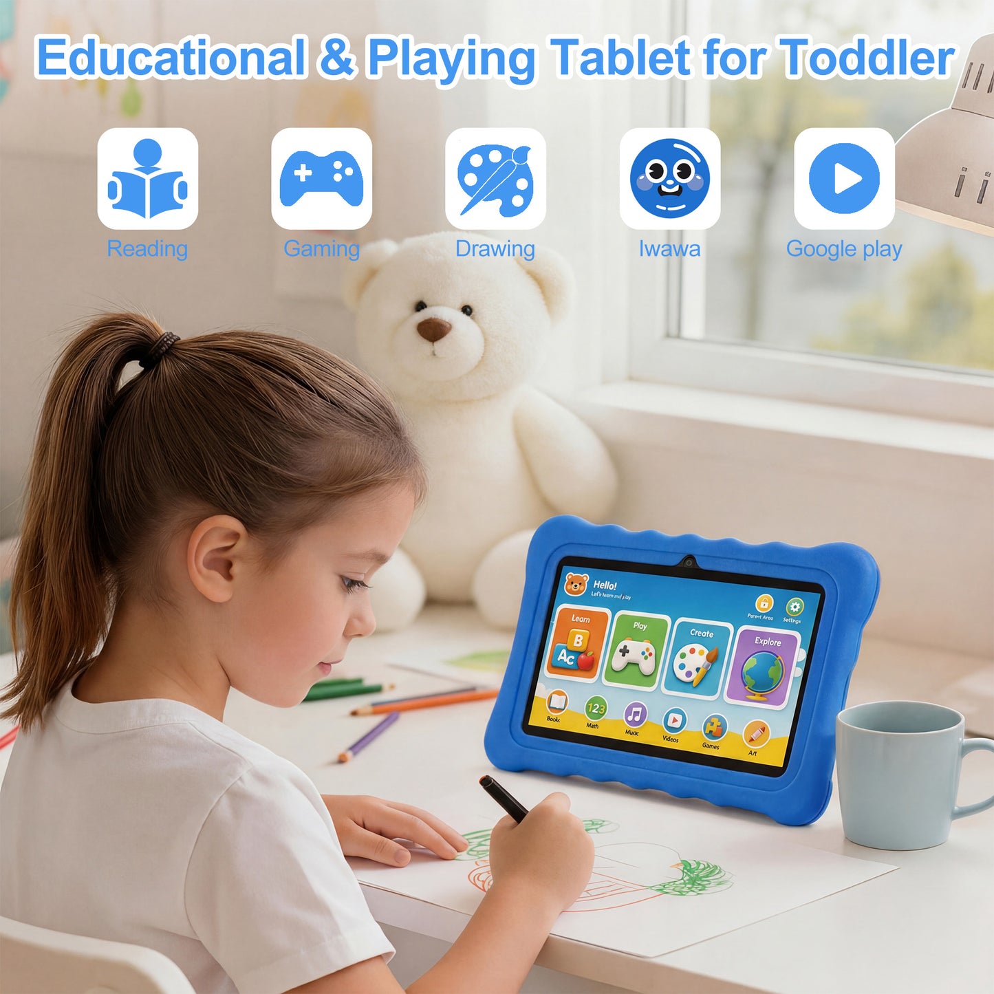 HDJ 7" Kids Tablet,Children Tablet with Parent Control 32GB Android 13, Bluetooth, Wi-Fi, Blue/Pink