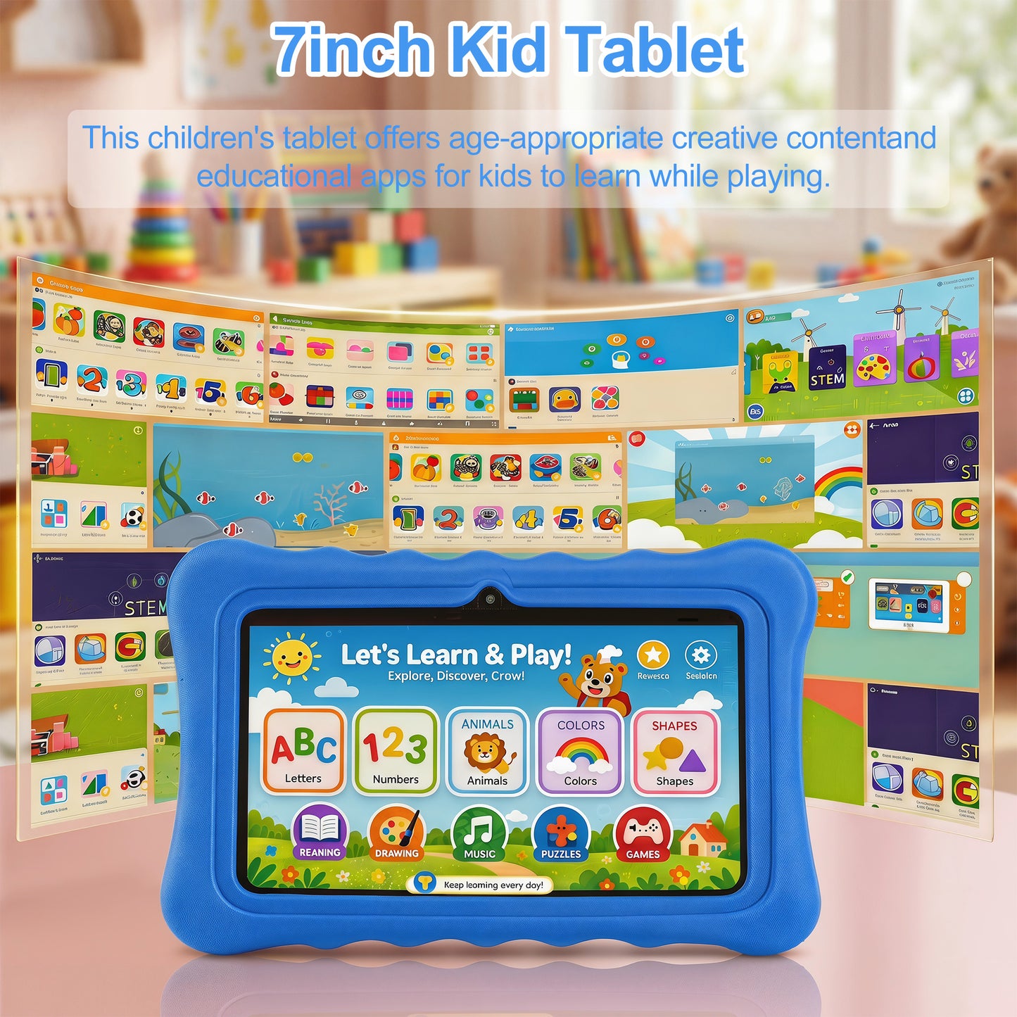 HDJ 7" Kids Tablet,Children Tablet with Parent Control 32GB Android 13, Bluetooth, Wi-Fi, Blue/Pink