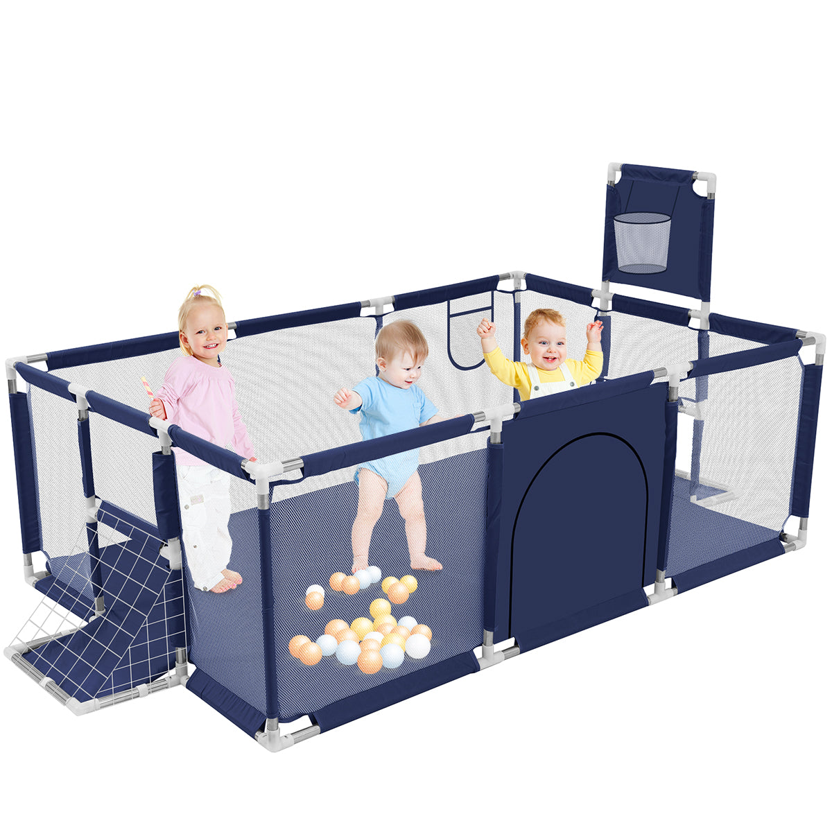 Baby Playpen,71 Inch Extra Large Baby Playard With Basketball Hoop and Breathable Mesh, Baby Play Fence for Indoors Outdoors